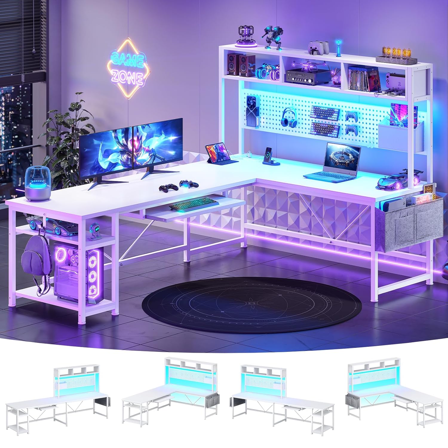 Gaming Desk With Hutch - Белый L-образный игровой стол, угловой, с