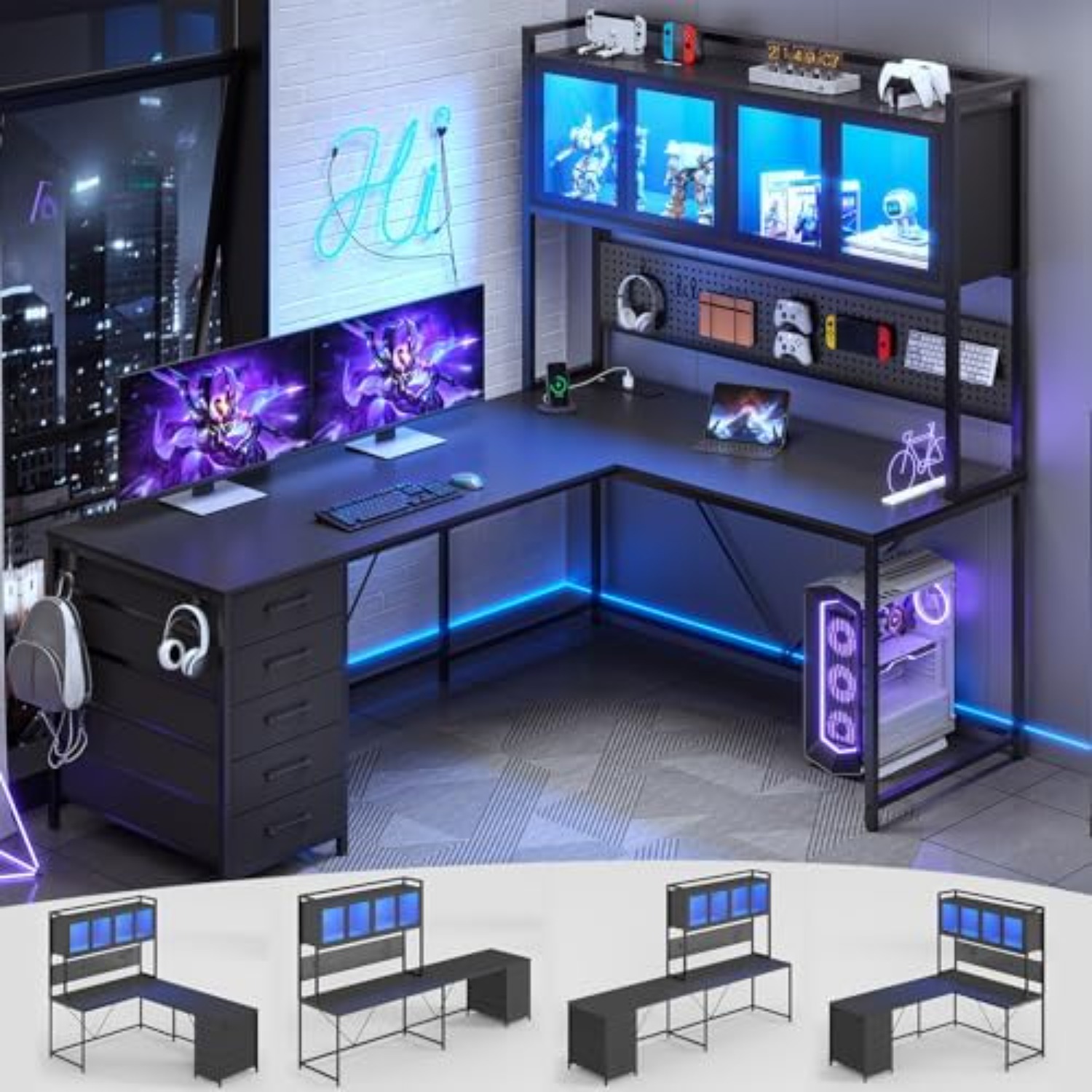 Gaming Desk With Hutch - Угловой игровой стол L-образной формы с